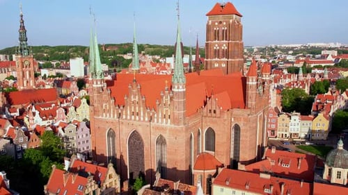 St Mary's Basilica Beautiful Panoramic Architecture of Old Town in Gdansk Poland at Sunrise Aerial