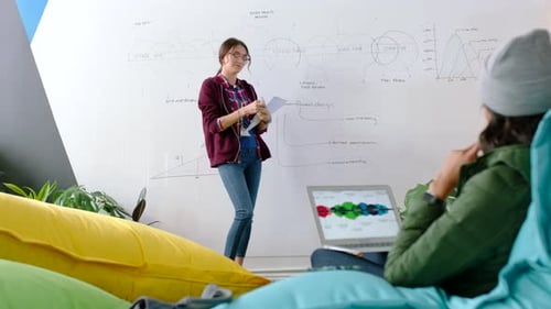 Tech company, whiteboard planning and women with digital project, graphic designer strategy