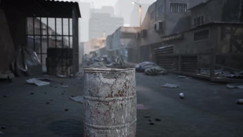 Abandoned Urban Street with Debris and a Rusted Barrel at Dusk