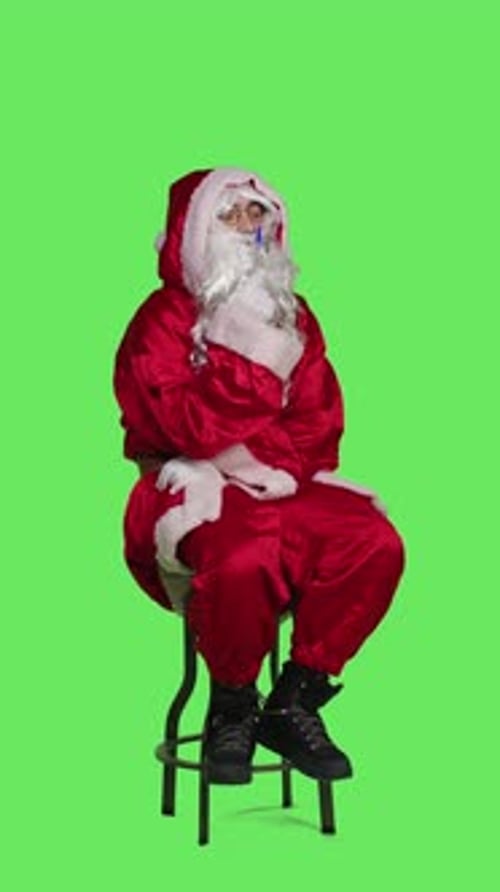 Vertical Video Side View of Character in Red Costume Sit on Chair