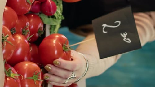Woman Holding Tomato in Market Setting