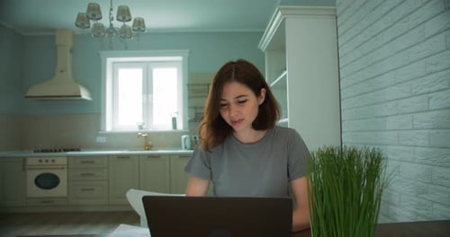Smiling Woman Uses Laptop in Sunny Kitchen