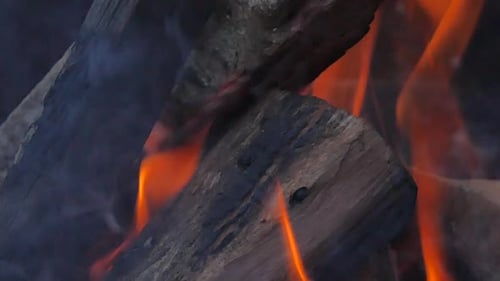 Wood Fire Close Up with Smoke and Flames