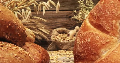 Mix of buns with multi grains on wooden table.