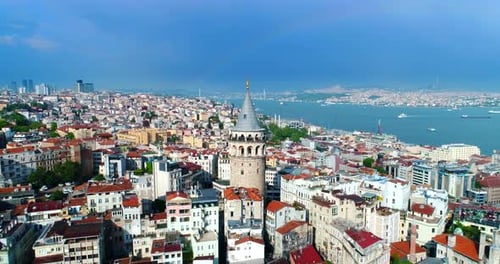 Galata Tower Pull Back Istanbul Skyline Rainbow Aerial Conclusion Diversity Culture Tourism Destinat