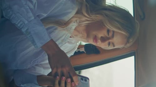 Girl Looking Social Media in Telephone Sitting Car at Coast Close Up Vertical