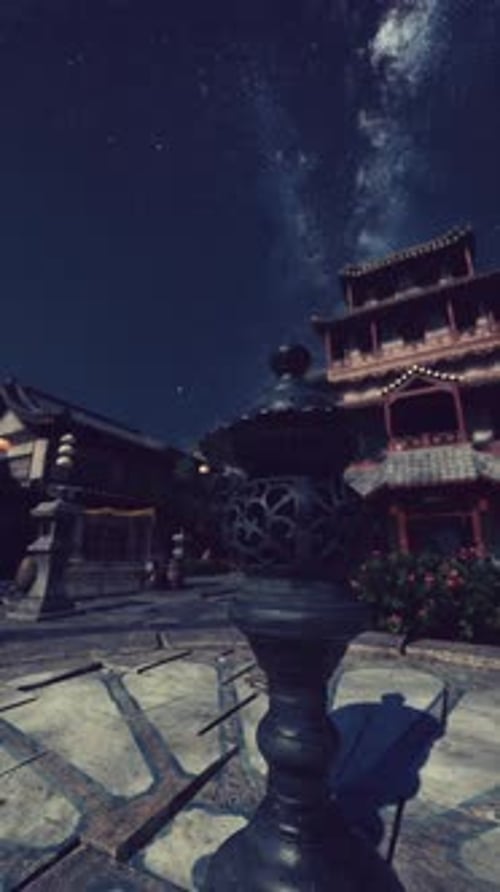 Old Japanese Temple Complex Under the Stars of the Milky Way