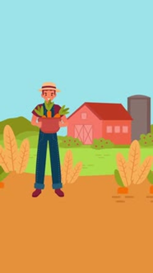 Animated Farmer Character Holding Harvested Carrots on a Farm