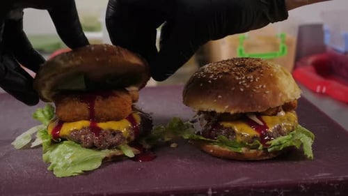Gourmet Burger Assembly in Restaurant Kitchen