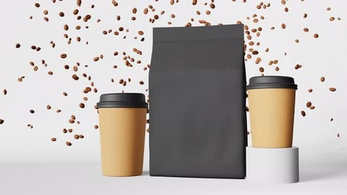 Paper pouch bag coffee cups black lids falling beans podium 3D animation Coffee shop discount demon