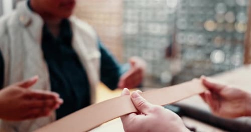 Mains, ceinture en cuir et contrôle qualité dans une usine destinée à la production ou à l'industrie manufacturière