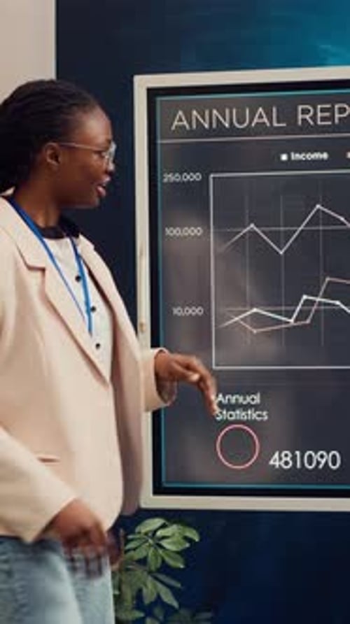 Businesswoman Presents Annual Report in Corporate Setting
