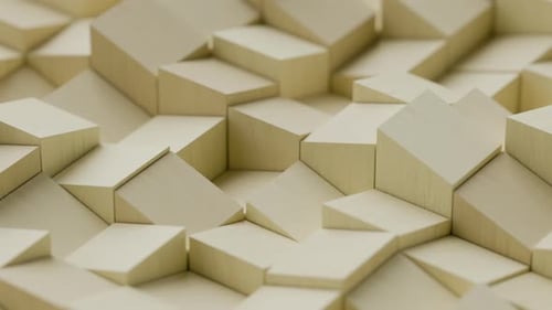 Abstrakte dynamische, kubische, geschlungene Welle aus gelben Holzwürfeln, Blöcken, Quadraten, Ziegeln, 3D-Formen, die sich nach oben bewegen