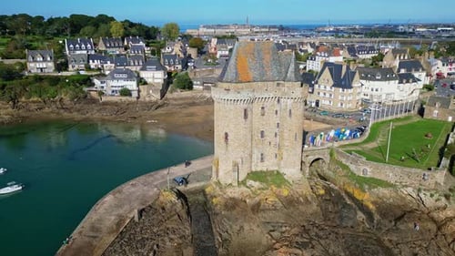 The famous Solidor Tower with Intra Muros in background, Saint-Malo, Brittany in France. Aerial dron
