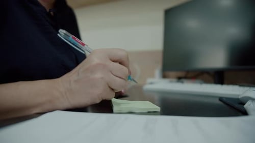 Writing Reminder on Sticky Note in Office