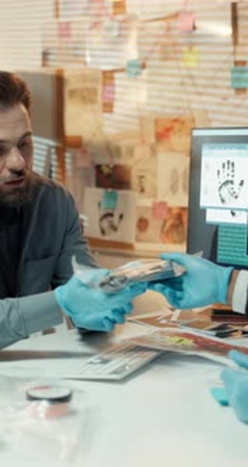 Conversation, evidence and mystery with detective people in office for problem solving