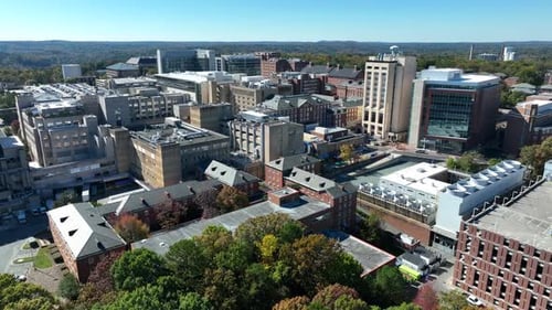 UNC Chapel Hill medical campus. Aerial establishing shot of the University of North Carolina.