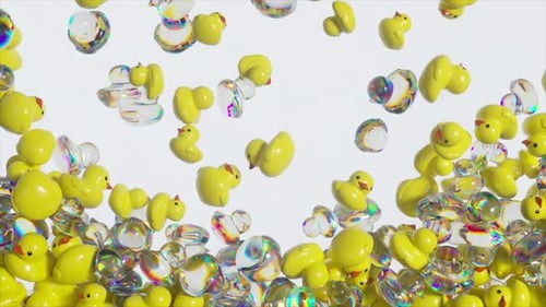 Falling Yellow Rubber Ducks and Iridescent Balls Animation