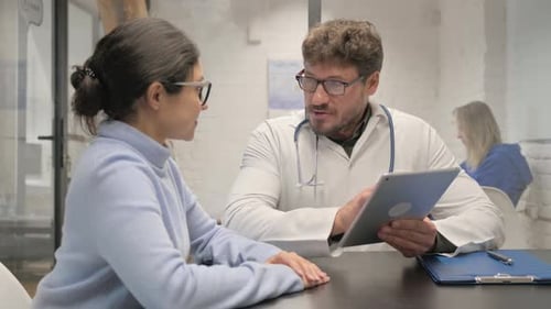 Doctor Consults Patient Using Tablet in Clinic
