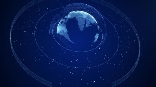 Futuristic Digital Earth Globe Rotation with Connected Rings