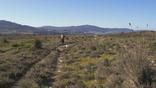A man and his dog walking along a rough path in an open field towards a small group of mountains