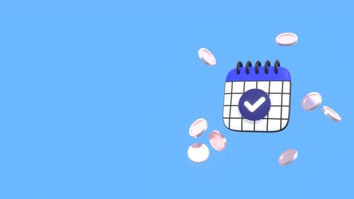 Financial Planning Animation with Calendar, Coins, Checkmark, and Copy Space.