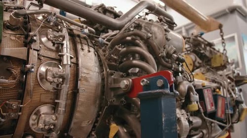 Engine of an airplane being constructed and built in factory