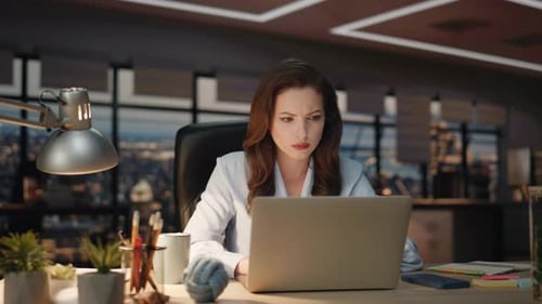 Focused Businesswoman Working Laptop Evening View Office Closeup Ceo Thinking