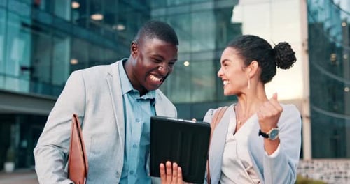 Business people, teamwork or winning on a tablet in city commute or outdoor travel with good news