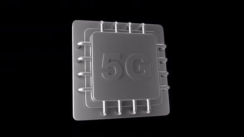 3D 5G Microchip Processor Icon on Black Background