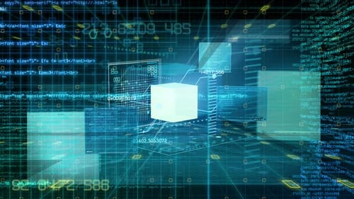 Futuristic Digital Grid Interface with Holographic Data and Code