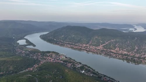 Aerial view of the Danube River and the ancient city of Vysegrad in Hungary