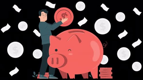 Mann spart Geld für ein Sparschwein 4K-Animation mit Alphakanal
