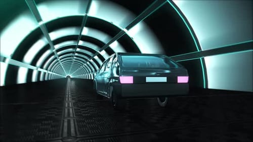 Futuristic Car Driving Through Glowing Neon Tunnel Background