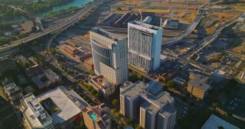 Contemporary architecture of Sacramento downtown. Sunny scenery of the city with lively traffic