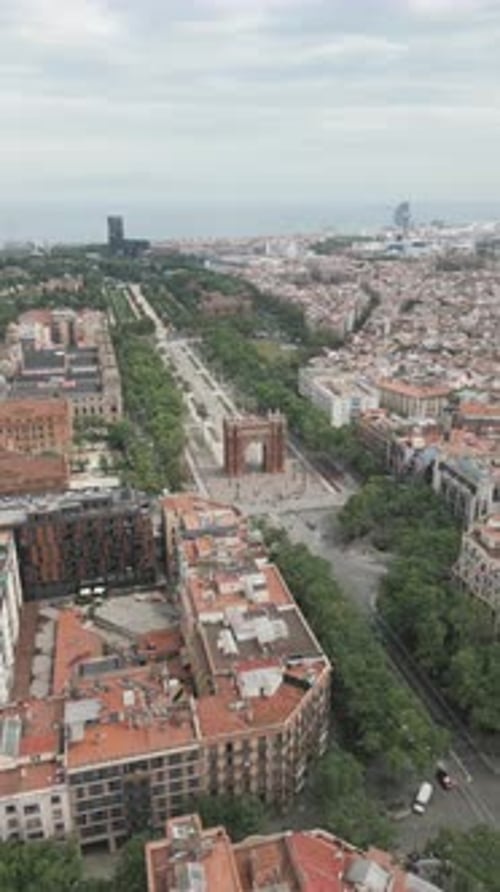 Aerial view of Arc de Triomf with Promenade Passeig de Lluís Companys in Barcelona Spain