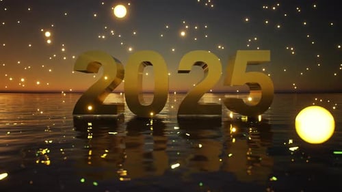 Golden 2025 New Year Celebration Text on Reflective Water