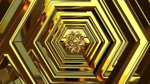Bewegung durch einen Tunnel aus Goldformen, 3D-Render, Reflexion, Exklusiv, Hintergrund