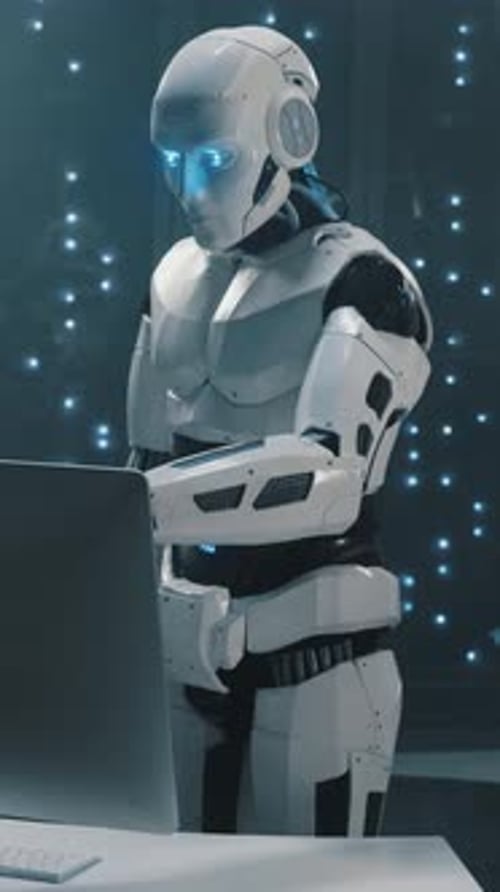 AI Concept Data Center Couple of Robots Programming Code Hacking Computers Checking Server Data