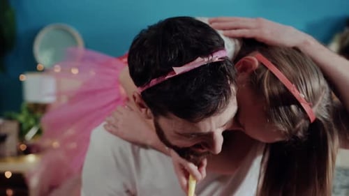 Closeup View Cheerful Daddy and Small Cute Girl Hugging Together Spending a Good Time During Home