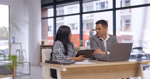 Management, laptop and employees in partnership talking and planning startup company strategy