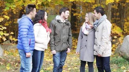 Season, Friendship, Drinks And People Concept - Group Of Smiling Men And Women Talking In Autumn ...