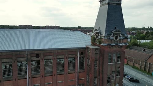 180 Circular Aerial of Abandoned Building With Clock Tower in Ghent