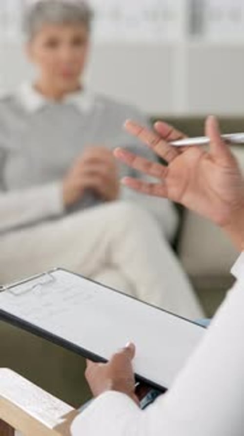 Hands, clients and therapist with clipboard, help and professional advice with guidance