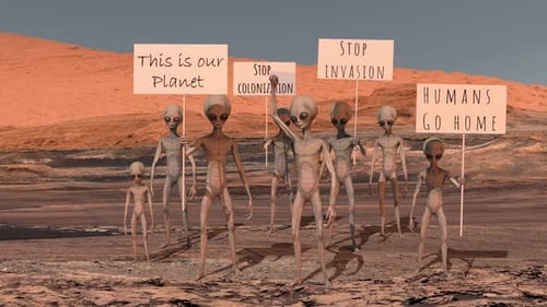 Cena humorística de indígenas alienígenas ou marcianos protestando contra