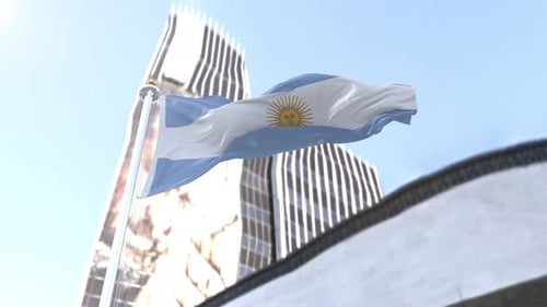 Waving Argentina Flag with Modern City Skyline Background