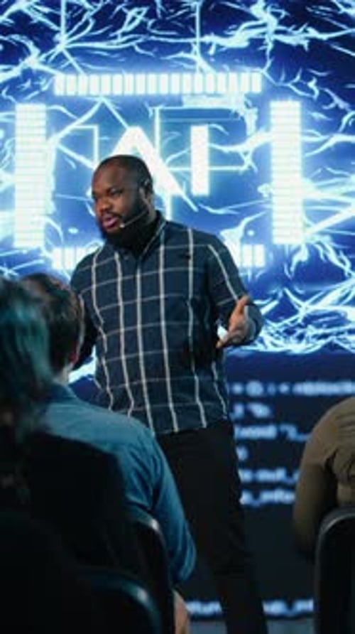 Man Presenting on Artificial Intelligence to Audience