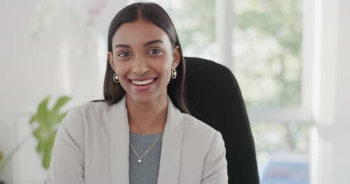 Happy business woman, office and accountant smile for career ambition, secretary