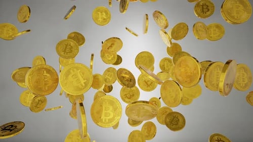 Bitcoin, Rotating Golden Btc Coins Falling. Bitcoin Blockchain Cryptocurrency
