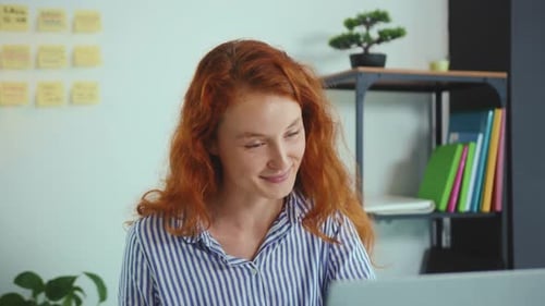 Cute Beautiful Young Businesswoman Use Laptop Look at Monitor at Office Computer Workplace